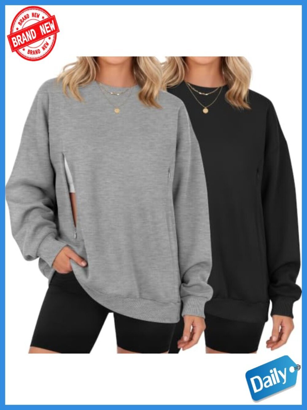 2 Pack Nursing Sweatshirts Long Sleeve Hidden Zipper Crew Neck Maternity Tops